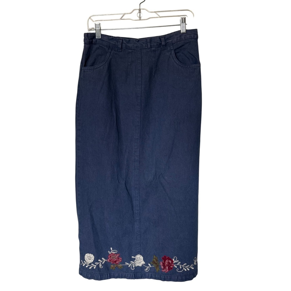 Denim & Co Maxi Skirt Women L Blue vintage  Floral Embroidered Cotton Long